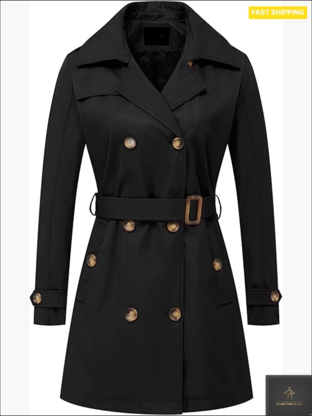Classic Double Breasted Trench Coat Mid Length Belted Overcoat Detachable Hood